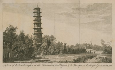 A View of the Wilderness with the Alhambra, the Pagoda and the Mosque in the Royal Gardens at Kew by English School
