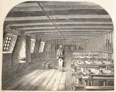 A ward on board the Defence hulk arranged for the return of the convicts to dinner, illustration from The Criminal Prisons of London and Scenes from Prison Life by Henry Mayhew and John Binny, pub. 18 by English School