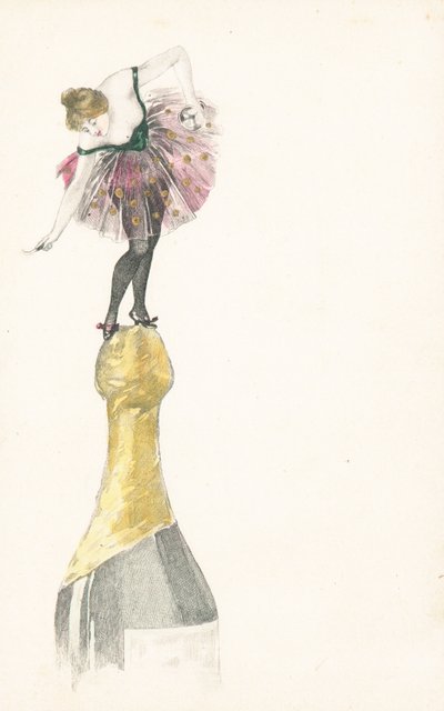 A Woman Standing on the Top of a Champagne Bottle by English School