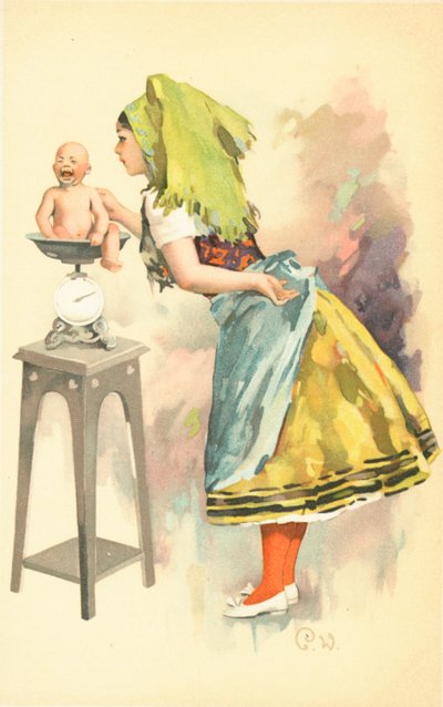 A Woman Weighing a Crying Baby on a Set of Scales by English School