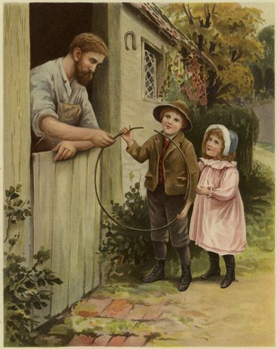 A Young Boy and Young Girl Giving a Broken Hoop to a Blacksmith for Repair by English School