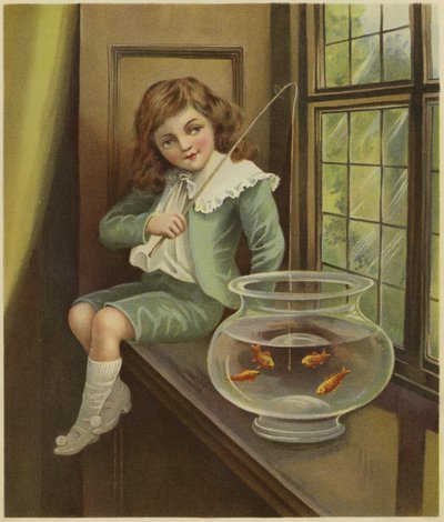 A Young Boy Dangling a Fishing Rod into a Bowl of Goldfish by English School