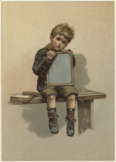 A Young Boy Sits Crying as He Rests His Chin on a Chalkboard by English School