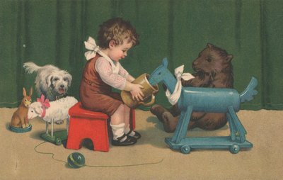 A young boy sits playing with his toys in a nursery by English School