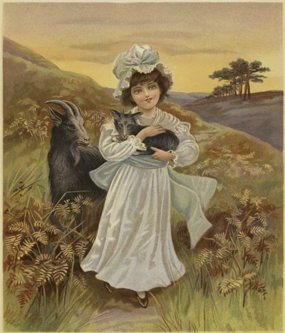 A Young Girl Holding a Young Goat as an Adult Goat Looks On by English School