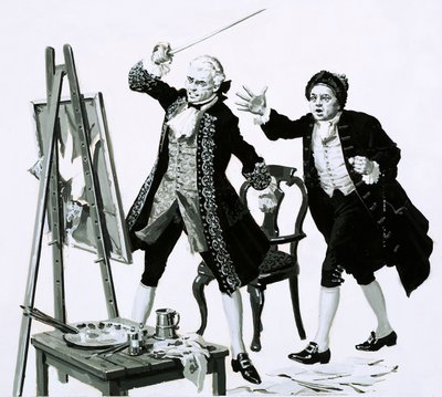 A young man slashed an unflattering portrait of his father by Hogarth with a sword by English School