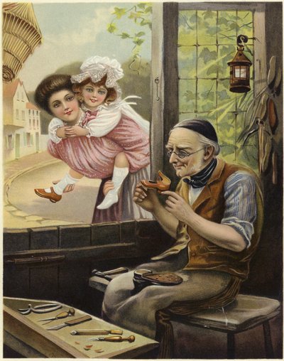 A Young Woman and a Small Girl Watch a Cobbler at Work by English School
