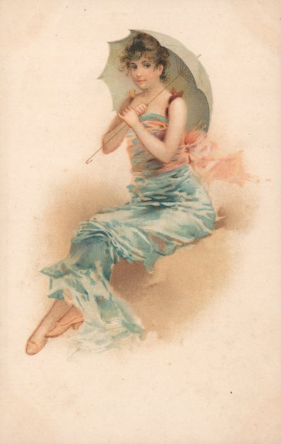 A young woman sheltering beneath a parasol by English School