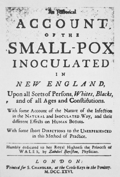 Account of the Small Pox inoculated in New England, pamphlet published in London by English School