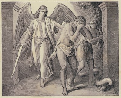 Adam and Eve being expelled from The Garden of Eden by English School
