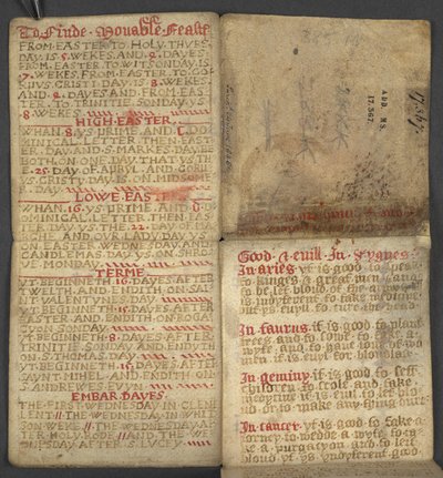 Almanac, containing table of dominical letters and golden numbers; directions to find the movable feasts; calendar of Saints, epochs, list of English Sovereigns, prognostications of weather, influence of the signs of the zodiac by English School