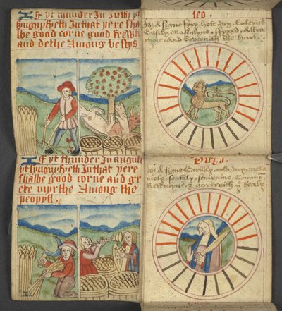 Leo & Virgo, from Almanac, containing table of dominical letters and golden numbers; directions to find the movable feasts; calendar of Saints, epochs, list of English Sovereigns, prognostications of weather, influence of the signs of the zodiac by English School
