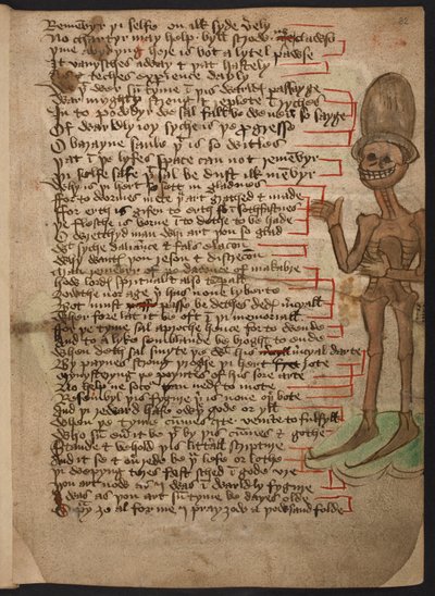 Marginal image of a grinning skeleton waving and wearing a tall hat, illustrating 
