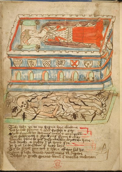 A female corpse lies in a coffin, a skeleton can be seen below, from 