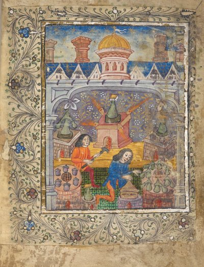 Seven furnaces with stills, tended by two men, beneath a roof with a cupola and chimneys, c.1477 by English School