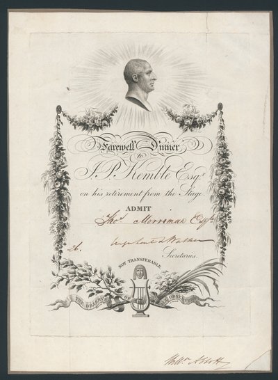 Admission ticket for dinner to celebrate John Kembles farewell to the stage, 1819 by English School