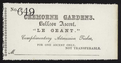 Admission ticket for the ascent of the balloon Le Geant from Cremorne Gardens, London by English School