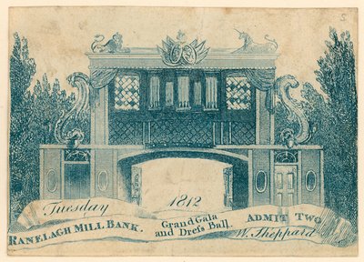 Admission ticket to a grand gala and dress ball at Ranelagh Gardens, Millbank, London. 1812 by English School