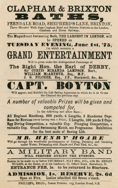 Advert for Clapham and Brixton Baths, Ferndale Road, Shepherds Lane, Brixton, London; featuring Captain Boyton by English School