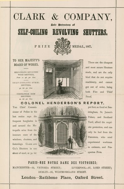 Advert for Clark & Company, self-coiling revolving shutters by English School