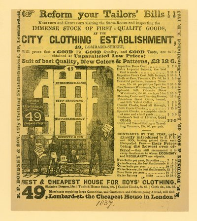 Advert for Doudney & Son, City Clothing Establishment, 49 Lombard Street, London by English School