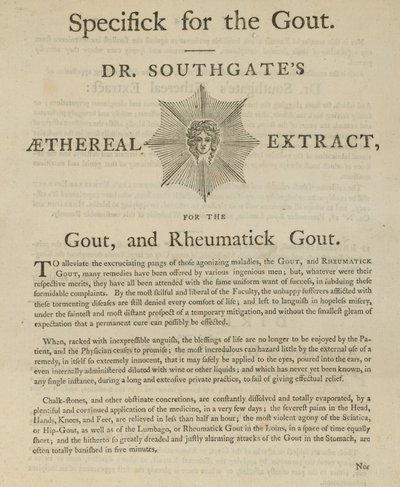 Advert for Dr Southgates Aethereal extract for gout and rheumatic gout by English School