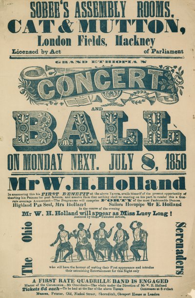 Advert for Grand Ethiopian Concert and Ball, 8 July 1850, at Sobees Assembly Rooms by English School