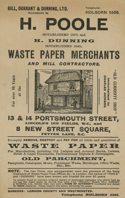 Advert for H Poole and H Dunning, Waste Paper Merchants and Mill Contractors by English School