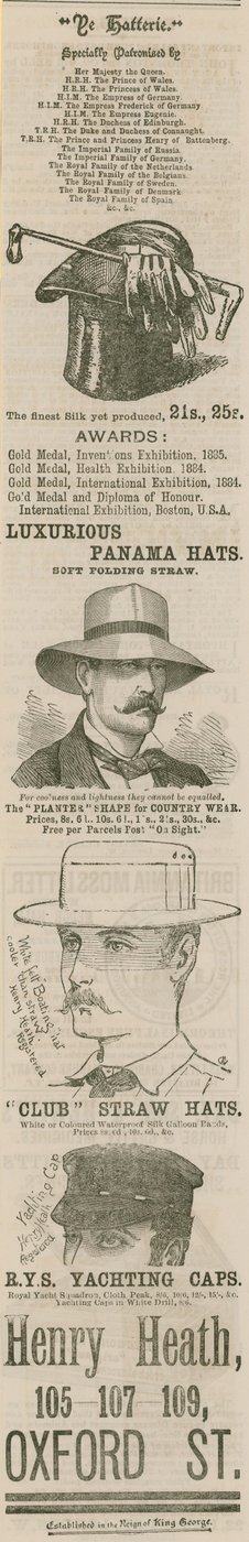 Advert for Henry Heath, 105-109 Oxford Street, London, The Hatterie by English School