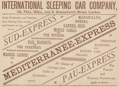 Advert for International Sleeping Car Company, 122 Pall Mall and 5 Gracechurch Street, 1888 by English School