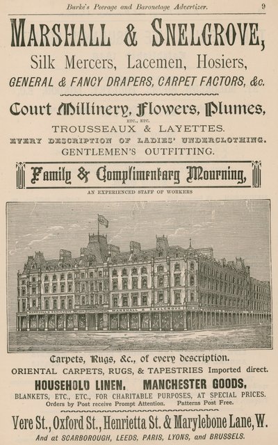 Advert for Marshall & Snelgrove, Silk Mercers, Lacemen, Hosiers by English School