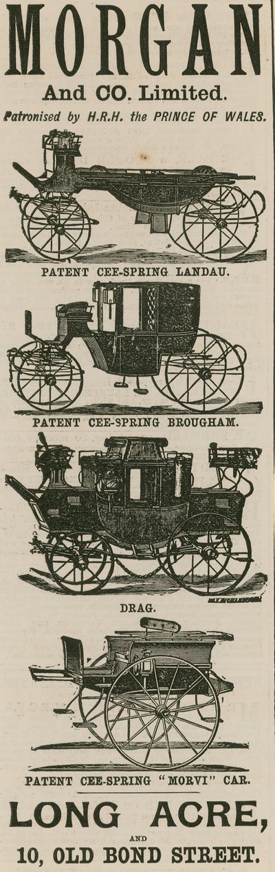 Advert for Morgan & Co Ltd, carriage makers, Long Acre and 10 Old Bond Street, London by English School