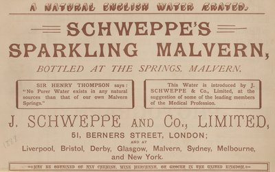 Advert for Schweppes Sparkling Malvern, bottled at the springs, Malvern by English School