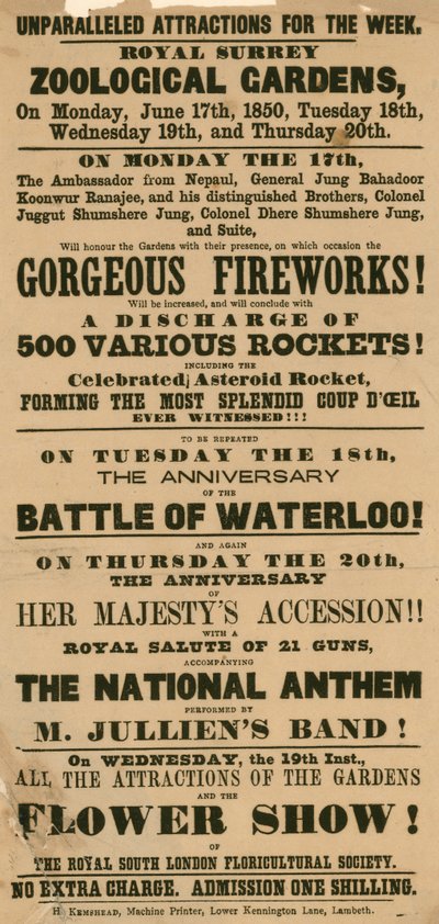 Advert for Surrey Zoological Gardens, Kennington, London by English School