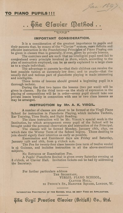 Advert for The Clavier Method of learning the piano by English School