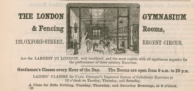 Advert for The London Gymnasium & Fencing Rooms, 123 Oxford Street, Regent Circus by English School