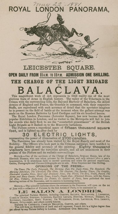 Advert for The Royal London Panorama Featuring the Charge of the Light Brigade at Balaclava by English School