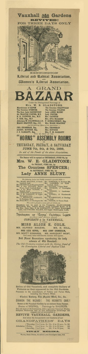 Advert for a Grand Bazaar at Vauxhall Gardens by English School