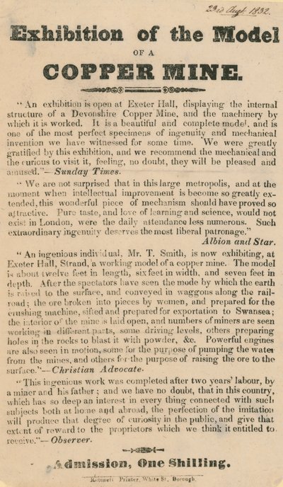 Advert for an Exhibition of a Model of a Copper Mine by English School