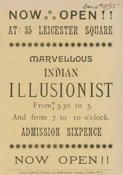Advert for an Indian Illusionist Appearing at 35 Leicester Square, London by English School