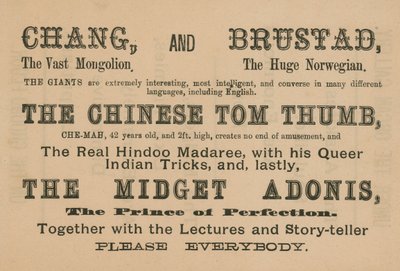Advert for appearances by Chang, Brustad, The Chinese Tom Thumb and The Midget Adonis by English School