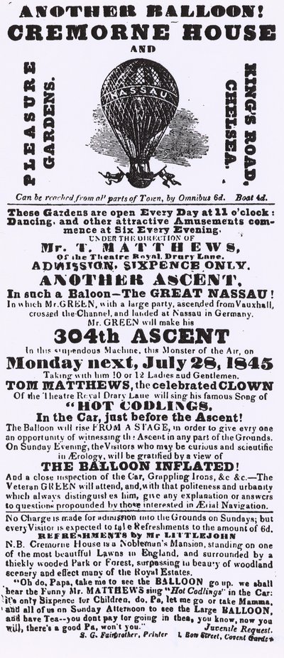 Advert for balloon ascent, Cremorne Gardens, Chelsea by English School