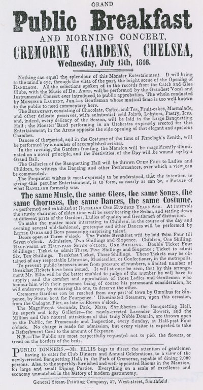 Advert for grand public breakfast and morning concert, Cremorne Gardens, Chelsea by English School