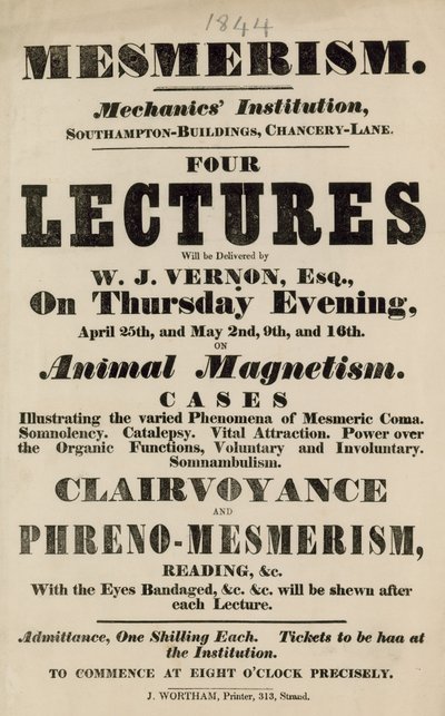 Advert for lectures on Mesmerism at the Mechanics Institute by English School