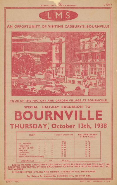 Advert for Railway Excursion to Cadburys Factory and Garden Village at Bournville by English School