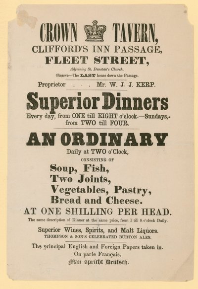 Advert for the Crown Tavern, Cliffords Inn Passage, Fleet Street, London by English School