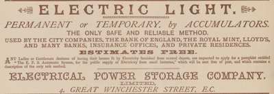 Advert for the Electrical Power Storage Company by English School