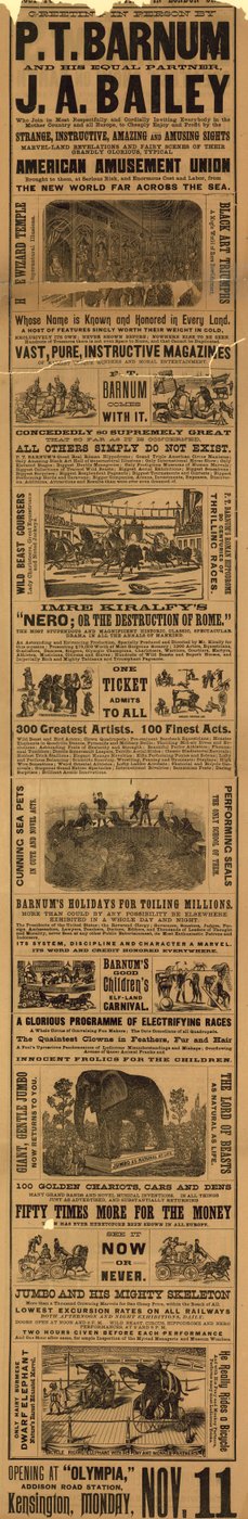 Advert for the appearance of P T Barnum and J A Bailey