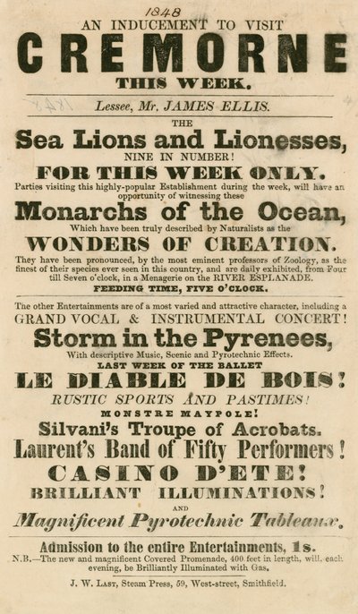 Advert for the Appearance of Sea Lions and Lionesses at Cremorne Gardens, London in 1848 by English School