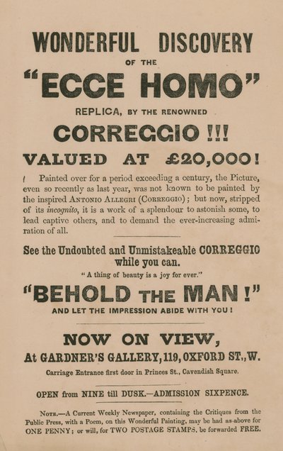 Advert for the Exhibition of a Replica of the Painting Ecce Homo by Correggio (Antonio Allegri) by English School